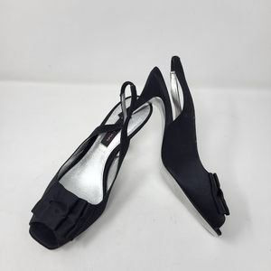 Vintage Y2K Black Satin Sling Back 3" Flat Bow Front Peep Toe Heels by Nina 7